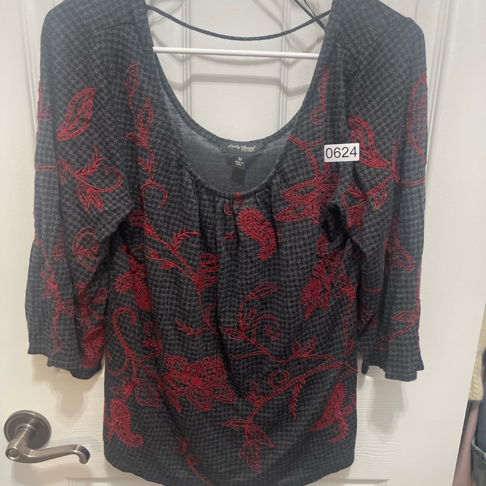 Lucky Brand Gray and Red Floral Blouse